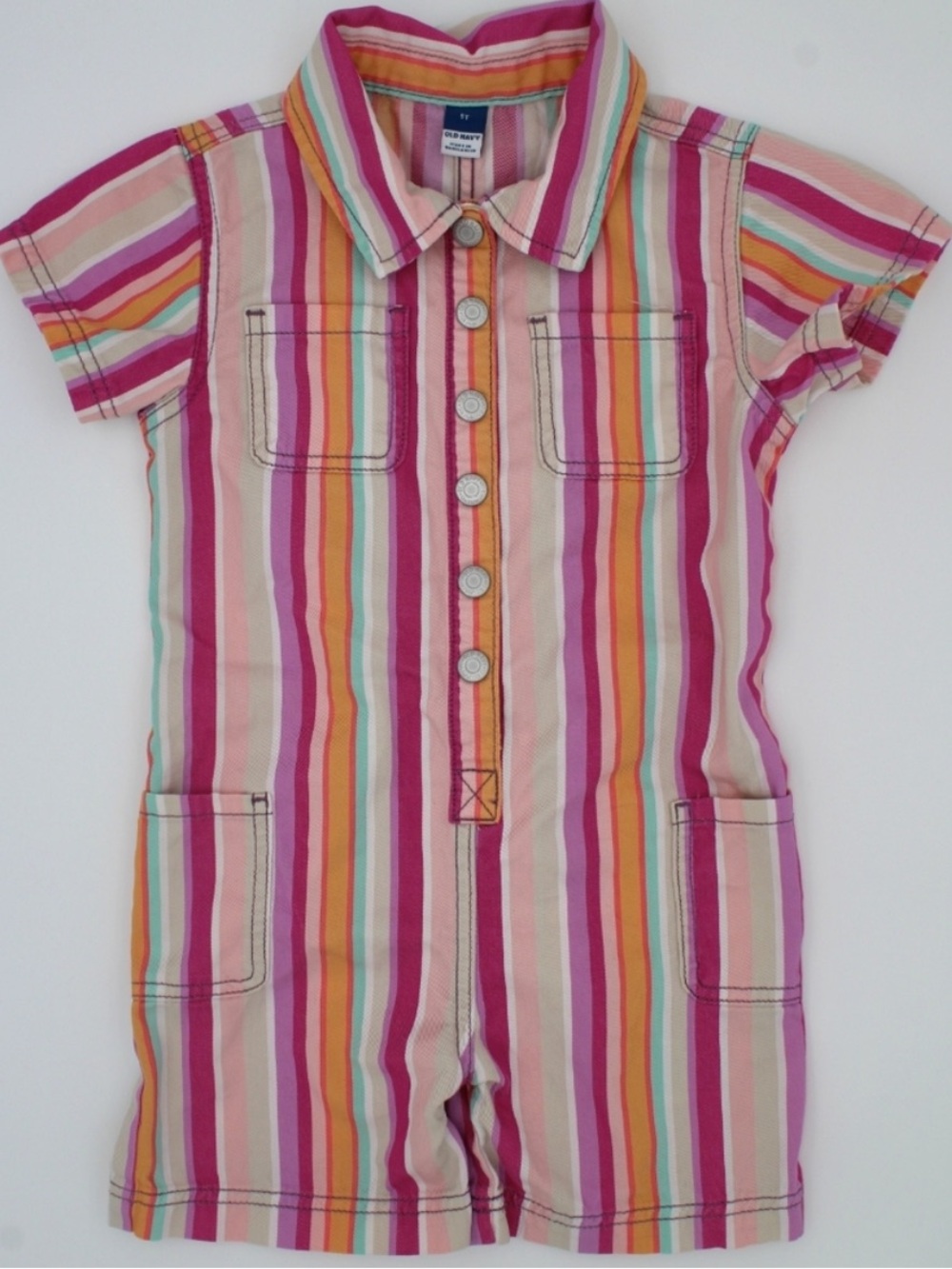 Old Navy Girls Button-Up Striped Romper 🧡🩵🩷